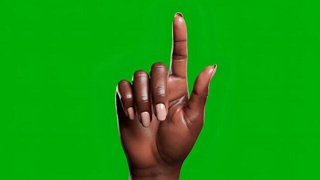 Closeup of a darkskinned hand making various gestures against a green screen background.