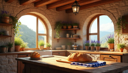 Fototapeta premium Rustic kitchen interior with stone walls and arched windows. Sun shines on wooden table with fresh baked bread. Potted lavender plants add country charm and aroma.