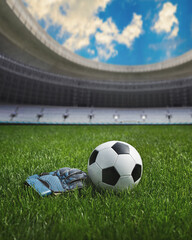 Naklejka na ściany i meble ball and goalkeeper gloves on the green field in soccer stadium. ready for game in the midfield