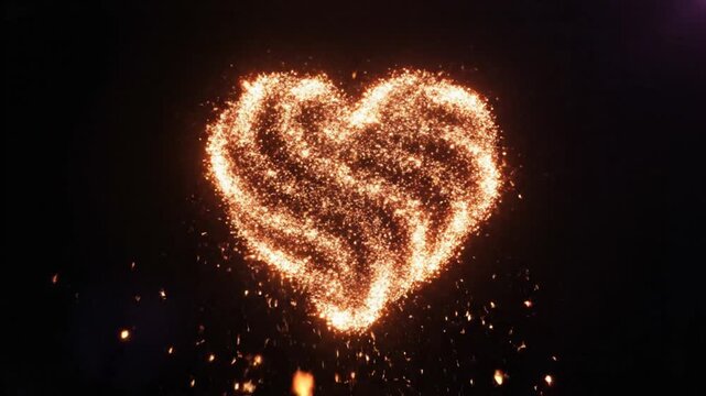 Glowing golden heart shape formed by sparks on black background