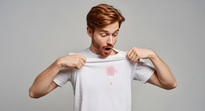 Man looking at dirty stain on white shirt with surprised expression. Unhappy guy discovering spot on clothing needing washing. Daily domestic problem, laundry and cleaning concept.