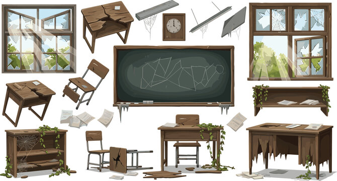 Abandoned classroom interior with broken desks shattered windows scattered papers overgrown plants vines and chalkboard drawings vector illustration