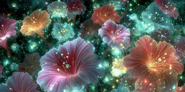 Glowing Fractal Flowers in a Cosmic Garden with Neon Botany