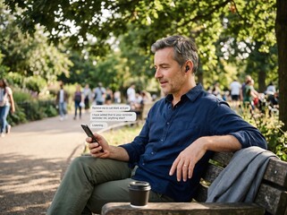 Obraz premium Mature man using voice assistant, smartphone, earbud in park. Relaxed man interacts with technology outdoors