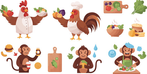 Cute cartoon chicken and monkey chefs preparing healthy meals with fresh vegetables salads and burgers vector illustration set © Kulsum