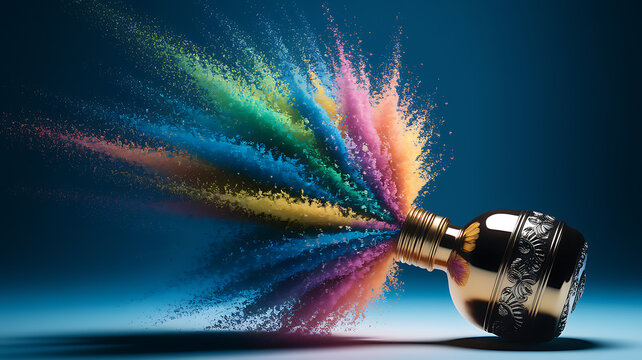 Vibrant Rainbow Color Powder Burst Erupting From Ornate Golden Bottle