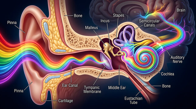 Human ear anatomy transferring sound waves to brain