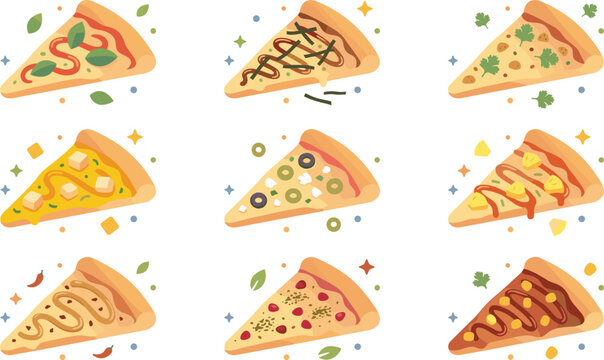 Delicious pizza slices vector illustration set with various toppings including pepperoni, cheese, margherita, and pineapple isolated on white