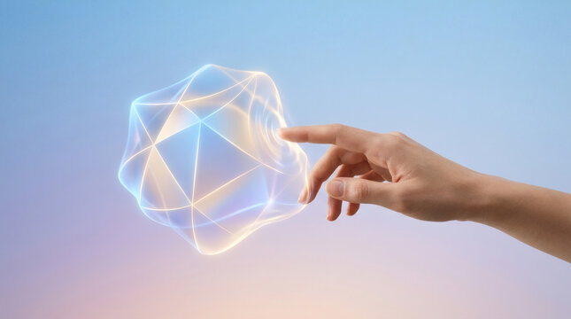 Minimalist image of a human hand touching a softly glowing adaptive geometric shape that morphs gently, clean gradient background.