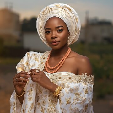 Nigerian Bride in Traditional White and Gold Wedding Attire with Coral Beads