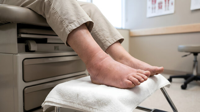 Patient elevating swollen leg due to edema at a doctor's office
