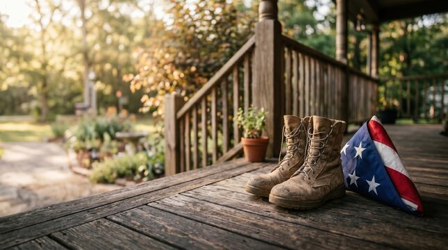 Veteran's Boots and Flag Honoring Service on a Rustic Porch