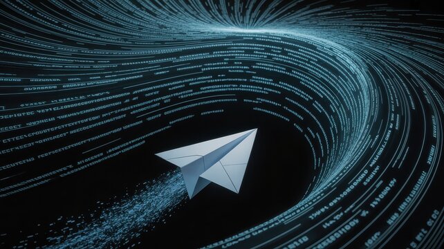 Paper airplane flying through a swirling digital data stream or vortex