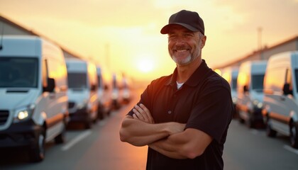 Smiling delivery man with arms crossed stands in front of parked vans at sunrise. He is a professional fleet manager ensuring safe and efficient shipping.
