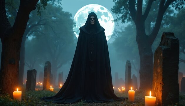 Skeleton figure in black cloak stands in misty graveyard at moonlit night. Candles burn around gravestones. Spooky scene with trees and fog.