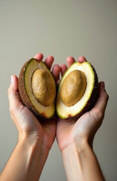 Hands hold cut guaba fruit with brown fuzzy skin and large seed inside. Green flesh surrounds smooth beige pit. Exotic tropical food presented.