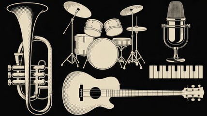 Naklejka premium Vintage musical instruments collection with trumpet drum set guitar and microphone on black background