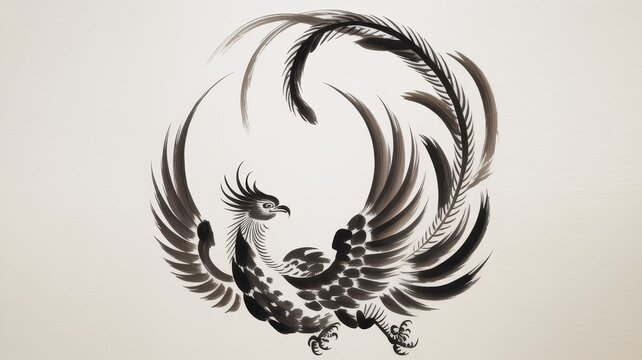 Elegant Black Ink Wash Painting of a Phoenix Bird, isolated on white background