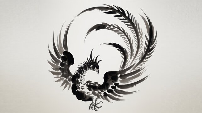 Traditional Japanese Sumi-e ink painting of a mythical phoenix bird