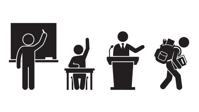 Stick figures of students and teacher in educational settings for school and learning concepts