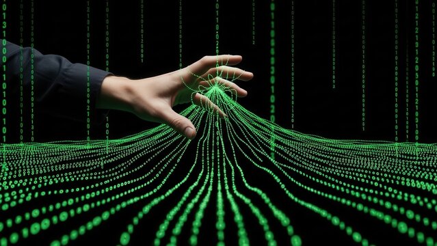 Human hand reaching into a glowing green digital matrix of binary code streams and flowing data lines on a black background