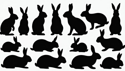 Fototapeta premium Set of black rabbit silhouettes in various poses and sizes on a white background. Simple graphic art depicts different animal forms for design use.
