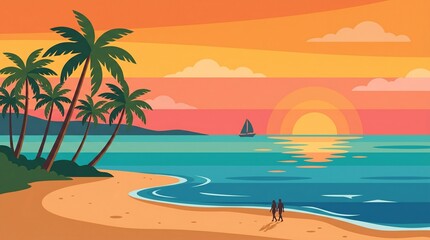 Obraz premium tropical beach at sunset, palm trees, calm ocean, golden sky, flat vector, warm vibrant colors, minimal illustration