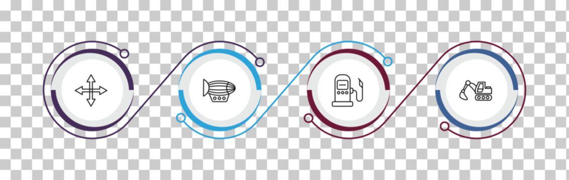 outline transportation icons set - movement, dirigible, fuel dispenser, excavators. editable vector for web and mobile ui