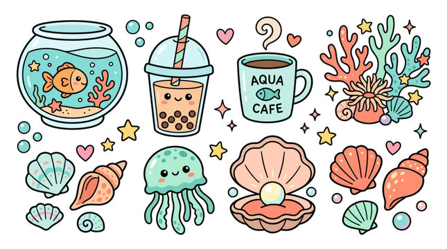 Colorful sea creatures and shells illustration.