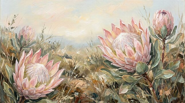 Impressionistic oil painting of pink king protea flowers blooming in a wild South African fynbos field under a soft pastel sky