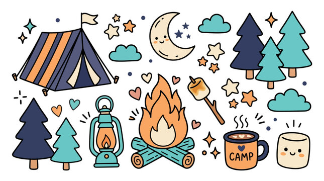 Colorful camping cartoon icons set.