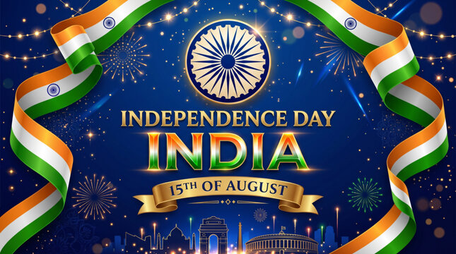 Festive India Independence Day celebration with tricolor ribbons fireworks and patriotic night theme