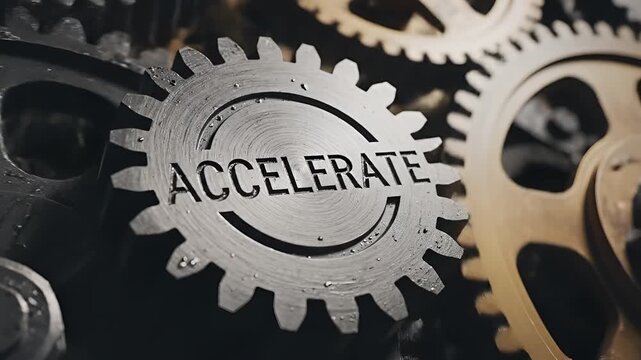 Closeup of interlocking gears with the word Accelerate inscribed on one gear.