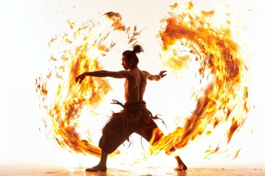 A performer skillfully manipulates fire, creating a mesmerizing vortex of flames around their body in a dynamic and visually striking display of artistry and courage.