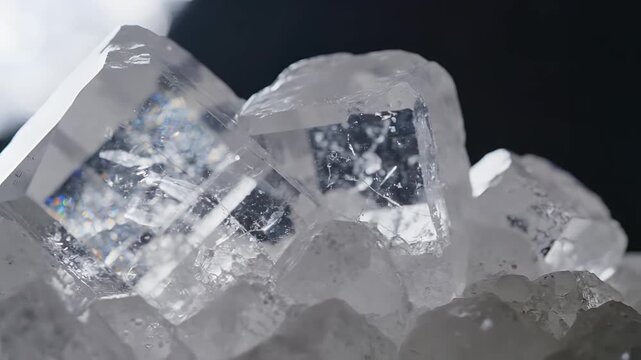 Closeup of translucent cubic fluorite crystals with internal inclusions.