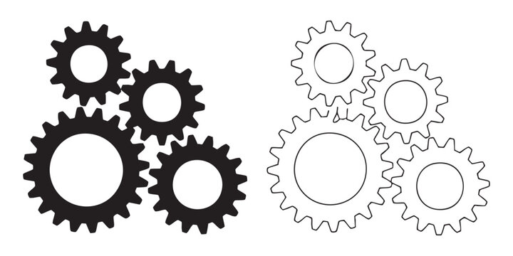 Four interlocking gears icon set for technical machinery complex mechanisms and industrial concepts.