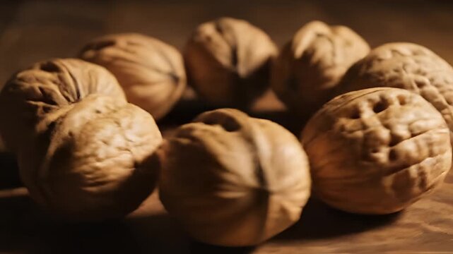 Closeup of Whole Walnuts on a Wooden Surface with Dramatic Lighting.