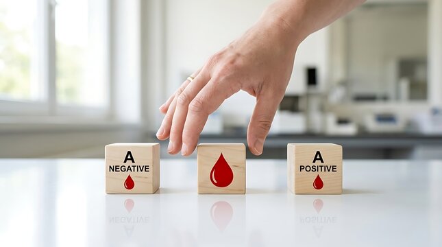 Hand arranging wooden blood type blocks on table