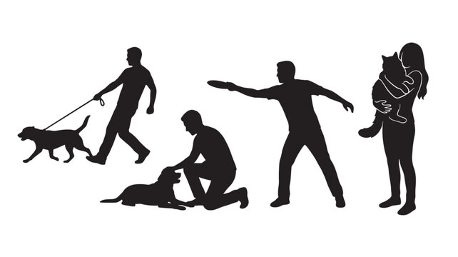People Interacting With Pets Silhouettes For Animal Love Concepts