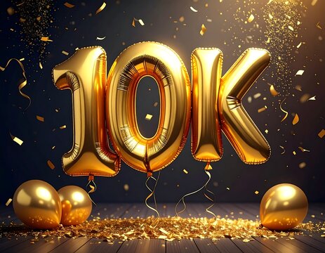 Shiny Gold 10k Balloon Numerals Surrounded by Confetti on Dark Celebration Background