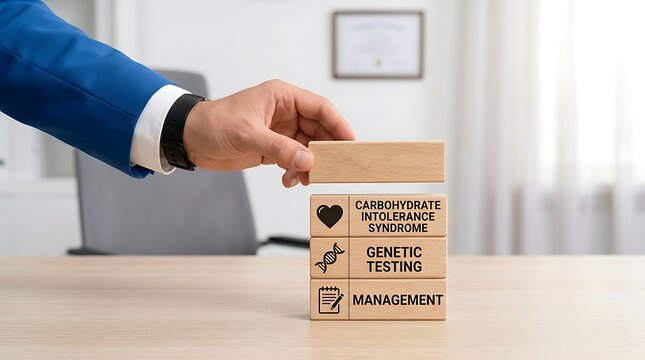 Hand placing wooden block on stack of medical information cubes