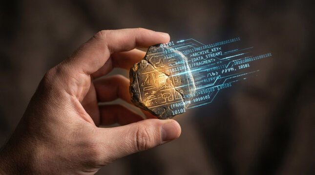 Minimal concept of a human hand carefully holding a glowing ancient artifact fragment that merges with digital code lines, soft neutral background.