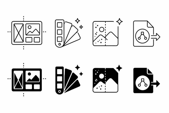 Minimalist design icons: web layouts, color palette, image editing, file formats