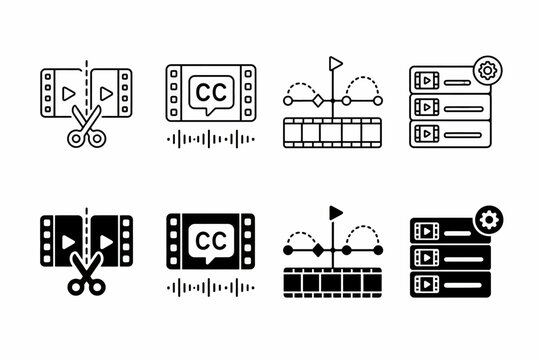 Visual icons for video editing tools: scissors, closed captions, timelines, gear icons