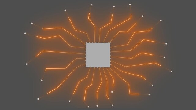 Advanced processor chip visualizes complex computer hardware engineering. Modern processor chip monitors high tech industrial computing processing. System architecture with processor chip.