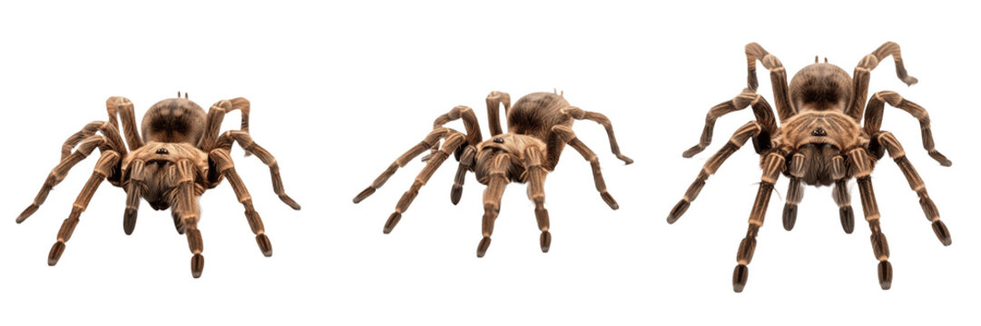 Set and collection of large hairy brown tarantula spider crawling arachnid wildlife animal biology asset isolated on white transparent png background