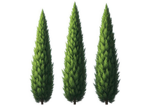 Three tall slender evergreen trees with conical shape isolated on white background, evergreen
