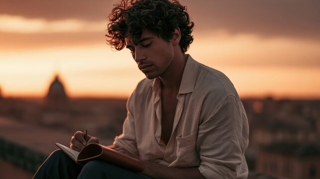 young poet writing at sunset
