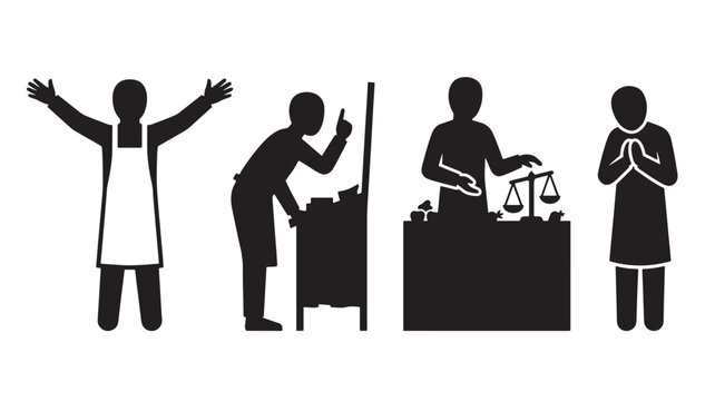 Four Silhouette People Working And Praying For Business Concepts Isolated On White