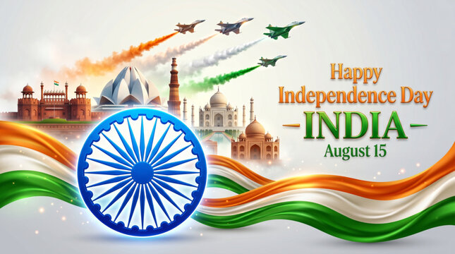 Patriotic India independence celebration with Ashoka wheel landmarks and tricolor airshow background